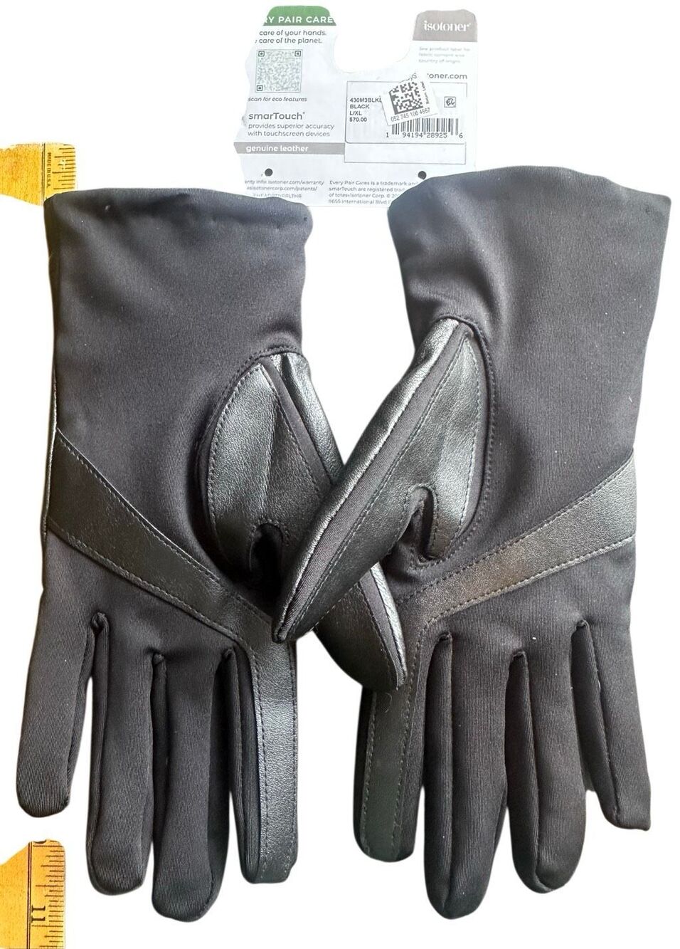 Isotoner Black Leather Fleece Lined Gloves smart touch eco comfort  Size L/XL NW - Picture 6 of 12